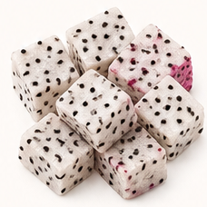 Freeze-dried dragon fruit cubes.