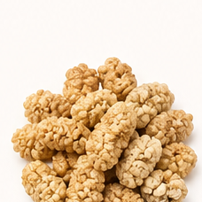 Freeze-dried white mulberry pieces.