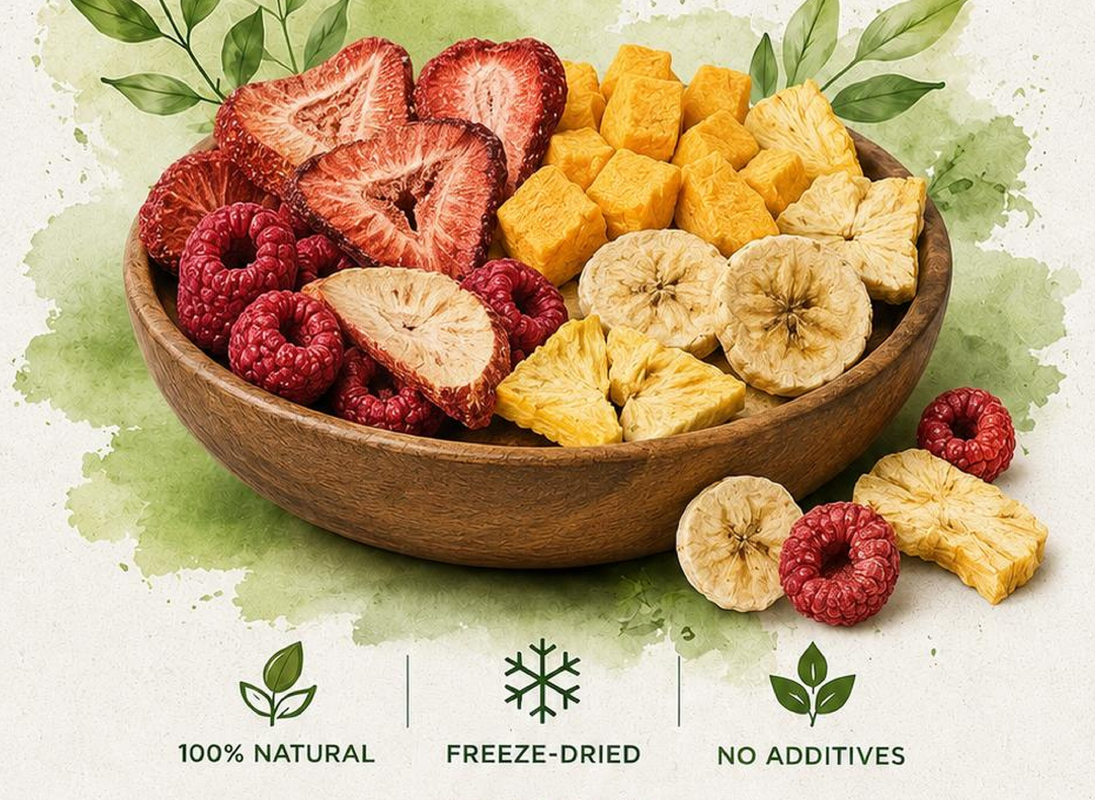A wooden bowl filled with freeze-dried strawberry, pineapple, banana and raspberry.